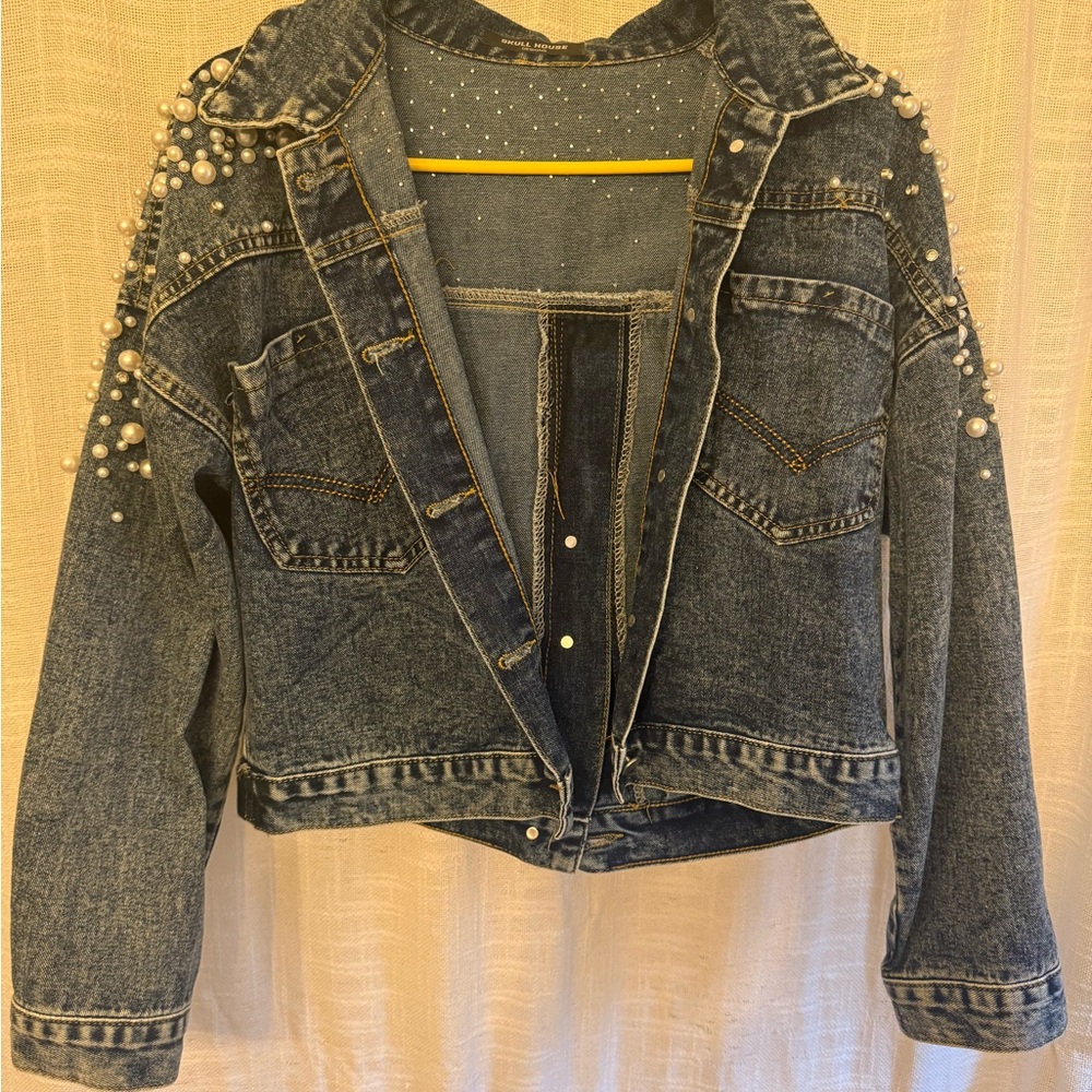 Blue Cropped Jean Jacket with Silver Studs
